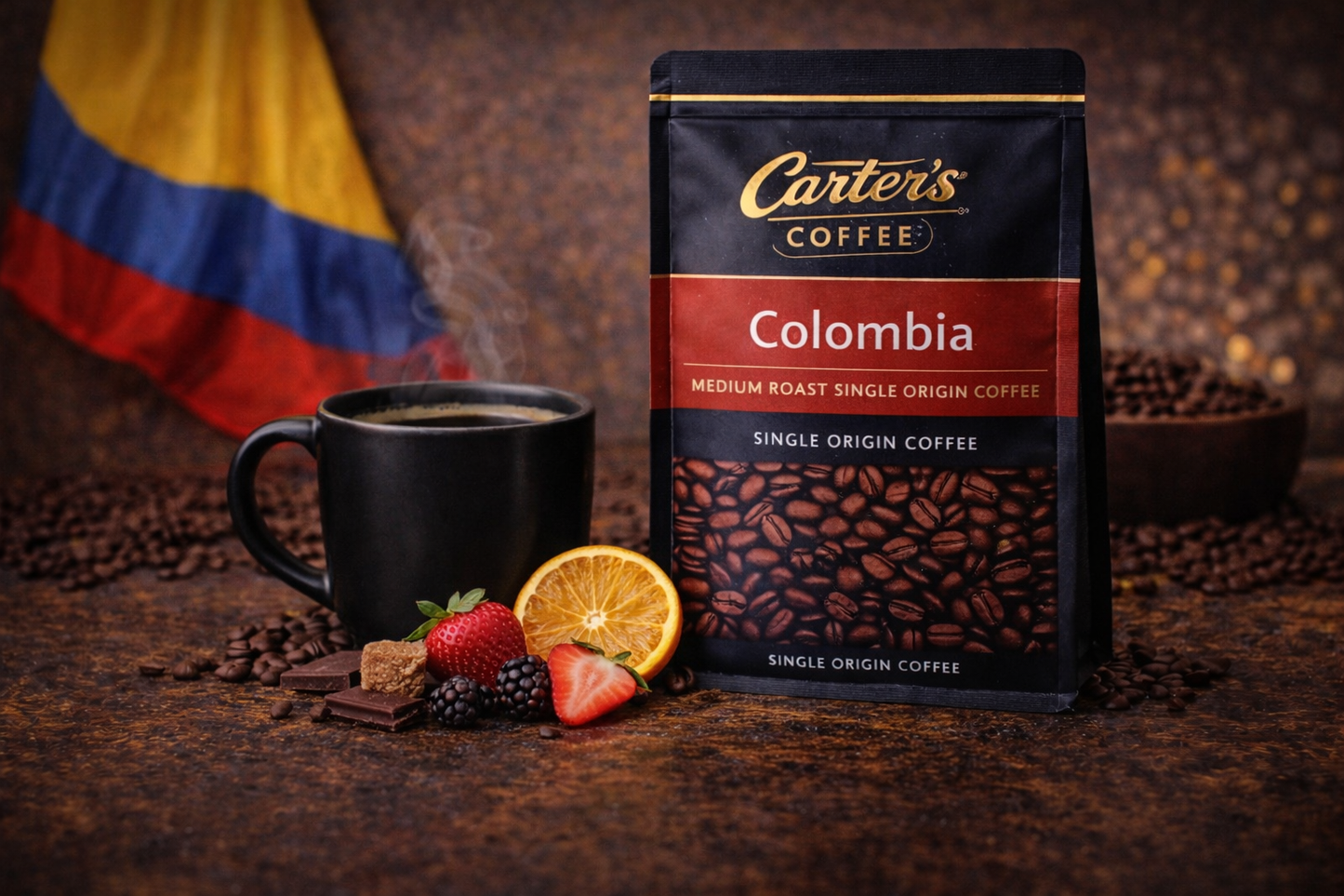 Carter's Coffee Colombia package with a cup of coffee, fruits, and chocolate on a wooden surface.